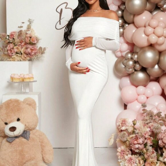White Elegant Women's Maternity Off Shoulder Foldover Front Floor Length Dress - Picture 3 of 6